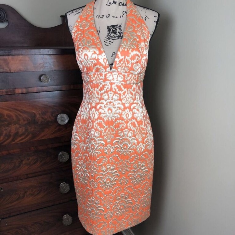 David Meister Metallic Brocade Halter Dress 10
